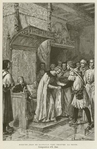Sir Jean De Hainault kom för att hitta drottningen (gravyr) av French School