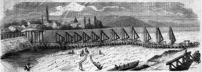 Meteorologiskt fenomen: uttorkning av Rhen 1858. Vy över Kehl-bron (Tyskland), tagen nedströms den franska kusten. Gravyr i "" Le Monde Illustré"" nr 50 av 27 mars 1858. av French School