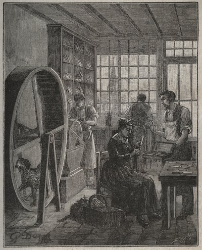 Metier och hantverkare: en bestickaffär i provinsen på 1800-talet. Gravyr från 1885 i "" Les arts et metiers illustres"" av Adolphe BITARD. av French School