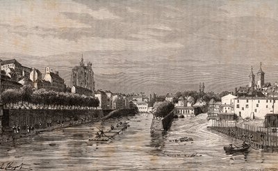 Metz - utsikt över hamnen Saint-Georges - Mosel - gravyr i "La France illustrée: geografi, historia, statistisk administration" av V.A. Malt-Brown. 1884 av French School
