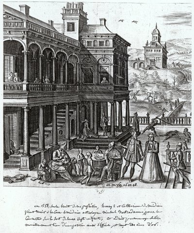 Michel de Nostradame (1503-66) na feutagai i le taunuuga o le fanau e toafitu a Catherine de Medici (1519-89) ma Henri II (1519-59) 1548 swed av French School