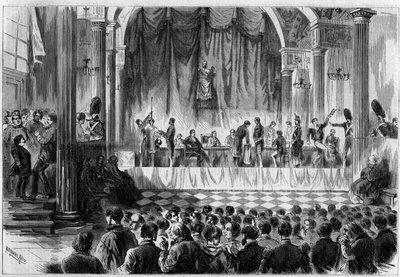 Militär rekrytering: lottning för värnpliktiga 1858, i Saint Jean-rummet på Hotel de Ville i Paris. Gravyr i "" Le Monde Illustré"" nr 44 av 13 februari 1858. av French School