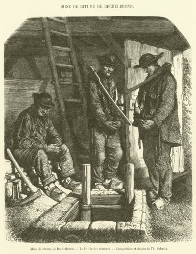 Bitumengrube von Bechelbronn, Das Gebet der Bergleute (Gravur) von French School