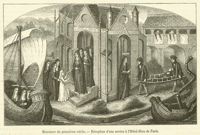 Miniatyr av det femtonde århundradet, mottagning av en novis på Hotel-Dieu i Paris (gravyr) av French School