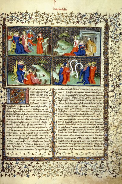 Miniatyr som illustrerar mödrarnas dom, ankomsten av drottningen av Saba, Salomos undervisning och läkarnas disputation, ca 1410 av French School
