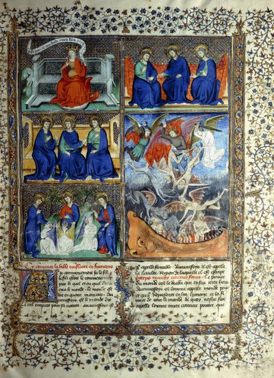 Miniatyr som representerar himmelriket före skapelsen: Sapientia, treenigheten och utdrivningen av Lucifer från himlen, ca 1410 av French School