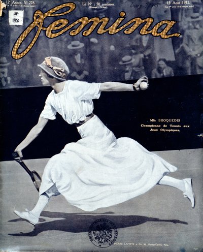 Miss Broquedis, olympisk tennismästare, framsidan av Femina, nummer 278, 15 augusti 1912 (färgat foto) av French School