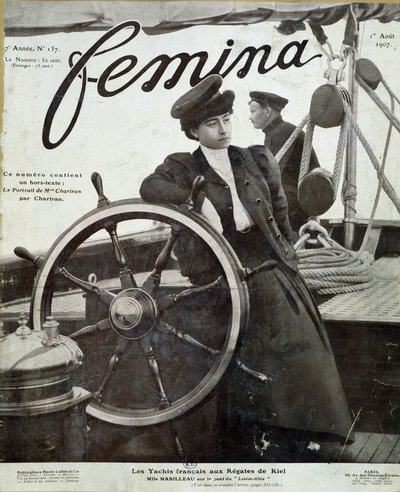 Miss Mabilleau på bryggan av yachten "" Louise-Alice""" vid Kiel-regattan - i "" Femina"" den 01/08/1907 av French School