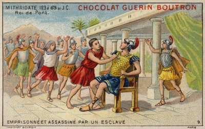 Mithridates VI av Pontus fängslad och mördad av en slav (chromolitho) av French School