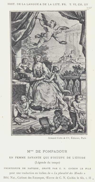 Mme De Pompadour, Som en lärd kvinna som tar hand om studien, Legend of Time (litho) av French School