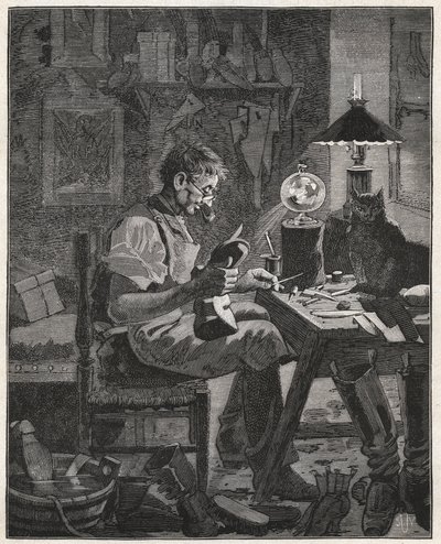 Modern applicering av en skomakare av Pila Vitrea. Glasklot fylld med vatten som ska placeras mellan en person och föremålet de funderar på för att förstora det och göra det mer synligt. Gravyr från 1885 i "" Les arts et metiers illustres"" av A av French School