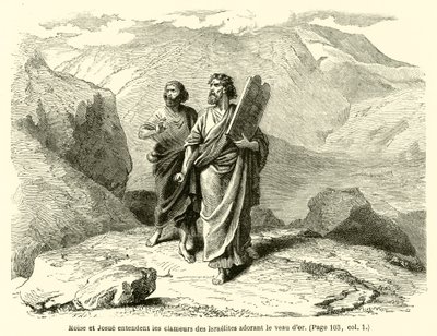 Moses och Josua hör skriken från israeliterna som tillber guldkalven (gravyr) av French School