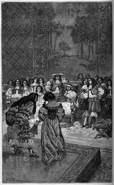 Moliere och hans trupp spelar före kung Ludvig XIV och kardinal Jules Mazarin (Giulio Raimondo Mazzarino eller Mazarino) (1602-1661). Gravyr i "The Illustrous World" 1886. av French School