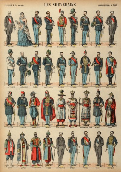 Monarchs of the World (färgad gravyr) av French School