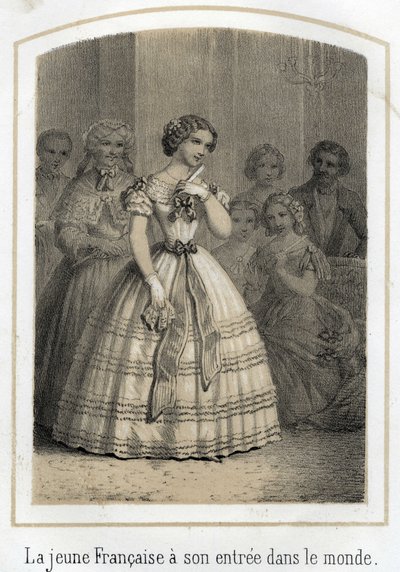 Mondanite: den unga franska kvinnan gör sitt intåg i världen. Hon är beundrad av alla. Anonym gravyr från 1800-talet av French School
