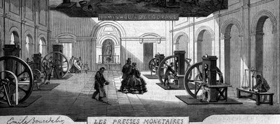 Att tjäna pengar: handla pengarpressar. Gravyr i "" Le Monde Illustré"" nr 145 av 21 januari 1860. av French School