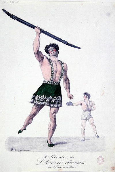 Monsieur Lebenier, känd som "den franska Hercules", ca 1820-30 (färg litho) av French School