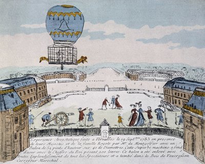 Montgolfiers första flygning av djurbebodd aerostat organiserad i Versailles, 19 september av French School