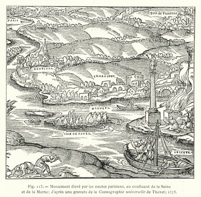 Monument uppfört av parisiska sjömän, vid sammanflödet av Seine och Marne; efter en gravyr av Thevets Universal Cosmography; 1575 (gravyr) av French School
