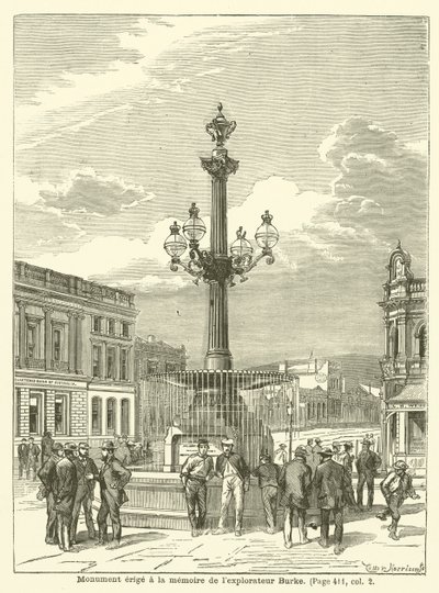 Monument uppfört till minne av upptäcktsresanden Burke (gravyr) av French School