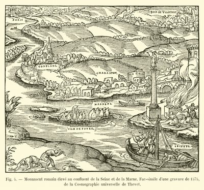 Romerskt monument uppfört vid sammanflödet av Seine och Marne, faksimil av en gravyr från 1575, från Cosmographie universelle av Thevet av French School