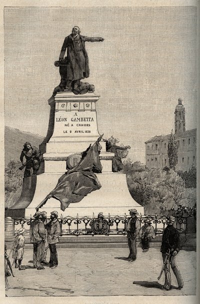 Monument till Leon Gambetta (1838-1882) av Alexandre FALGUIERE (1831-1900) - Cahors - gravyr i "" PATRIE"" - PECTUREQUIREE BESKRIVNING AV FRANKRIKE I 6 VOLYER AV LUCIEN HUARD - slutet av 1800-talet av French School