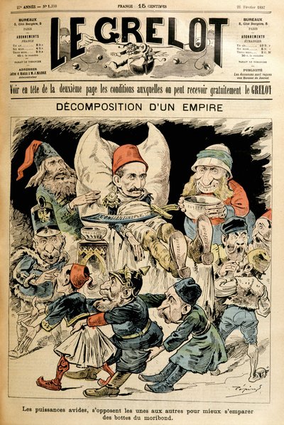 Dödande Turkiet och främmande makter som kämpar för hans stövlar, omslag "" Le Grelot"" 21/2/1897. av French School