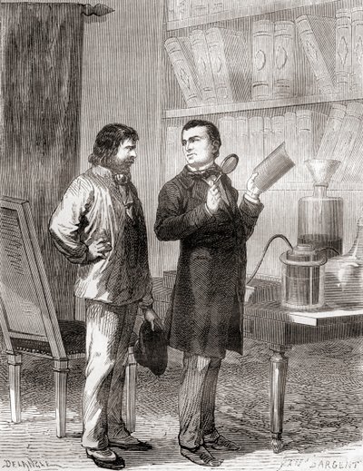 Moritz von Jacobi, till höger, upptäckte galvanoplast, eller elektrotypning 1838, från Les Merveilles de la Science, publicerad ca 1870 (gravyr) av French School