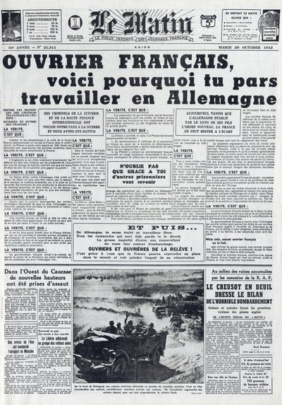 Morgontidning nr 21311 av 20 oktober 1942: Sto - Obligatorisk arbetstjänst - Varför gå till jobbet i Tyskland - av French School