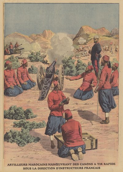 Marockanska artillerister som avfyrar snabbeldande kanoner under ledning av franska militärinstruktörer (färg litho) av French School
