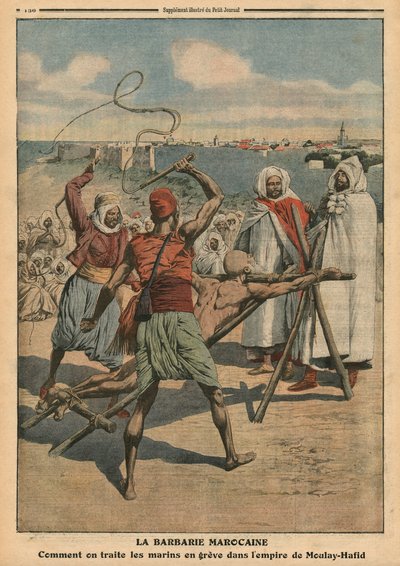 Marockanskt barbari, hur de strejkade sjömännen behandlas, illustration från 