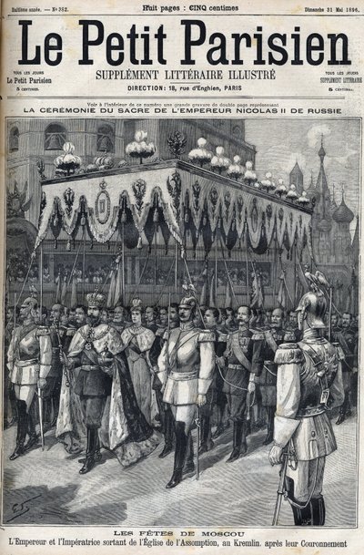 Moskva-firande: Kejsar Nikolaus II av Ryssland (1868 -1918) och imponen Alexandra Fiodorovna Romanova (1872-1918) lämnar Assumption Church i Kreml efter deras kröning den 14 maj av French School
