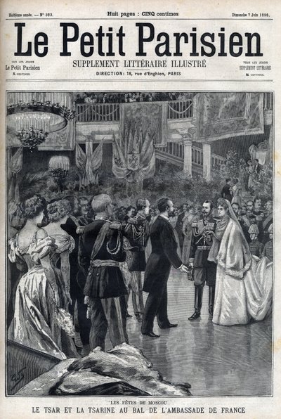 Moskva-firande: Tsar Nikolaj II av Ryssland (1868 -1918) och tsarina Alexandra Fiodorovna Romanova (1872-1918) vid Franska ambassadens bal, i "Le petit Parisien"" av French School