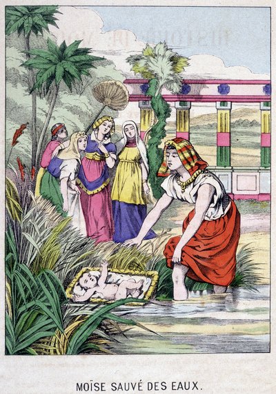 Moses räddad från vattnet - i "Life of Moses", red. Olivier Pinot, Epinal, sent 1800-tal av French School