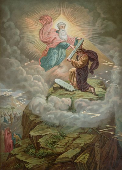 Moses tar emot lagens tavlor från Gud på berget Sinai av French School