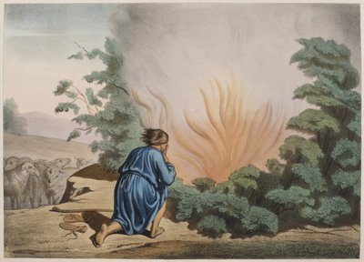 Moses and the Burning Bush, illustration från en katekes LHistoire Sainte, publicerad av Charles Delagrave, Paris, sent 1800-tal av French School