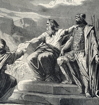 Moses beordrar Israels folk att erkänna Josuas auktoritet (Moses väljer Josua som sin efterträdare) Gravyr från "Holy History" av Lahure 1800-tal Privat samling av French School