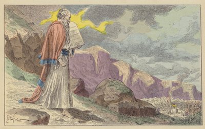 Moses återvänder från berget Sinai med de tio budorden (färg litho) av French School