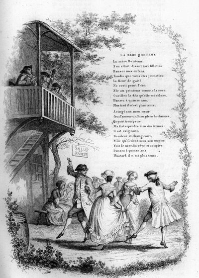 Moder Bontems (Bontemps). Dans av unga par i en by med musiker på balkongen. Gravyr i "" Chants et chansons populaire de la France", Tome 2 av French School