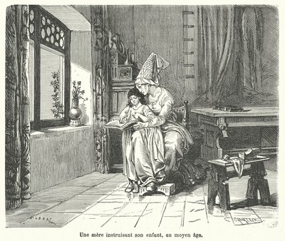 Mamma lärde sitt barn under medeltiden (gravyr) av French School