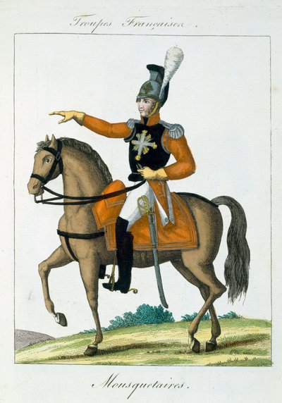 Mounted Musketeer, från Troupes Francaises, pub. i Basset, Paris, ca 1790 av French School