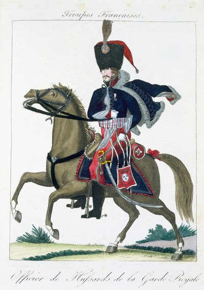 Beriden officer av Hussars of the Royal Guard, från Troupes Francaises, pub. hos Basset, Paris, ca 1790 av French School