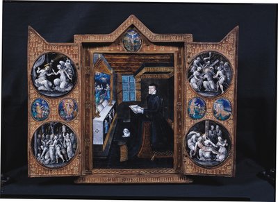 Sorgskåp med scener från Kristi liv och attribut av Henri II (1519-59) och Catherine de Medici (1519-89) (emalj och trä) av French School