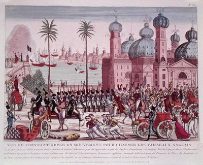 Förflyttning av trupper för att tvinga de engelska fartygen från Konstantinopel, 21 mars 1807 (färgad gravyr) av French School