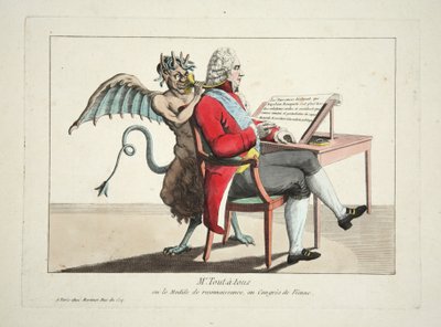 Mr. Tout-a-tous eller modellen för erkännande, på Wienkongressen, pub. 1815 (färggravyr) av French School