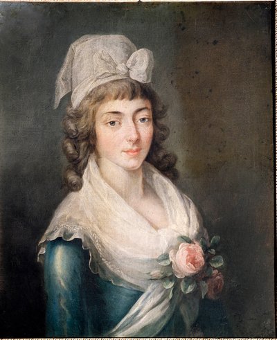Fru Roland: Porträtt av Madame Roland (1754 - 1793), figur från den franska revolutionen, bärande Girondin-kepsen. målning av den franska skolan av French School