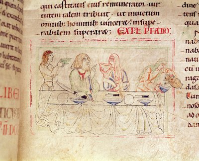 Ms.1215 t.3 fol.158v, Måltid med Judith och Holofernes, från Etienne Hardings bibel, 1109 av French School