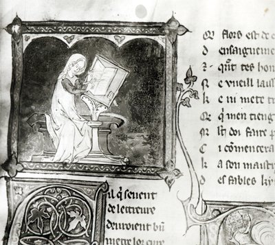 Ms.3142 fol.256 Marie de France (fl. 1100-talet) skrift, från en antologi med franska dikter, c.1280-90 (detalj) av French School