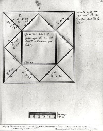 Ms.Fr.12293 fol.49 Horoscope of Petrarch (1304-74) av Galileo, från en samling horoskop av figurer från 1300- till 1600-talet av French School