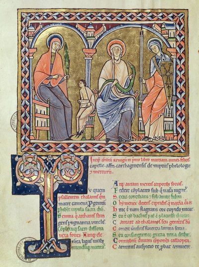 Ms 1041 f.1v Grammatik, dialekt och retorik från Satyricon av Martianus Capella, ca 1200 av French School